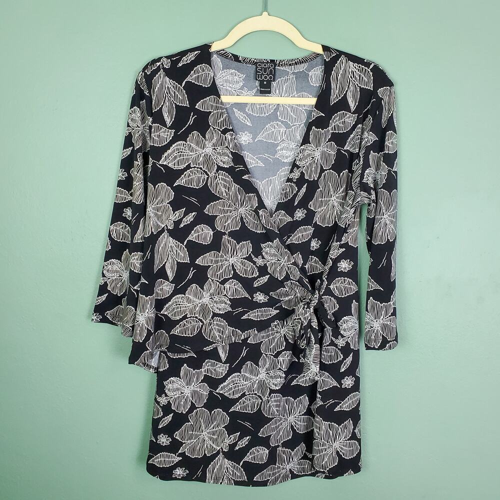 Clara Sun Woo Black White Floral Sketch Side Tie Top Size Medium